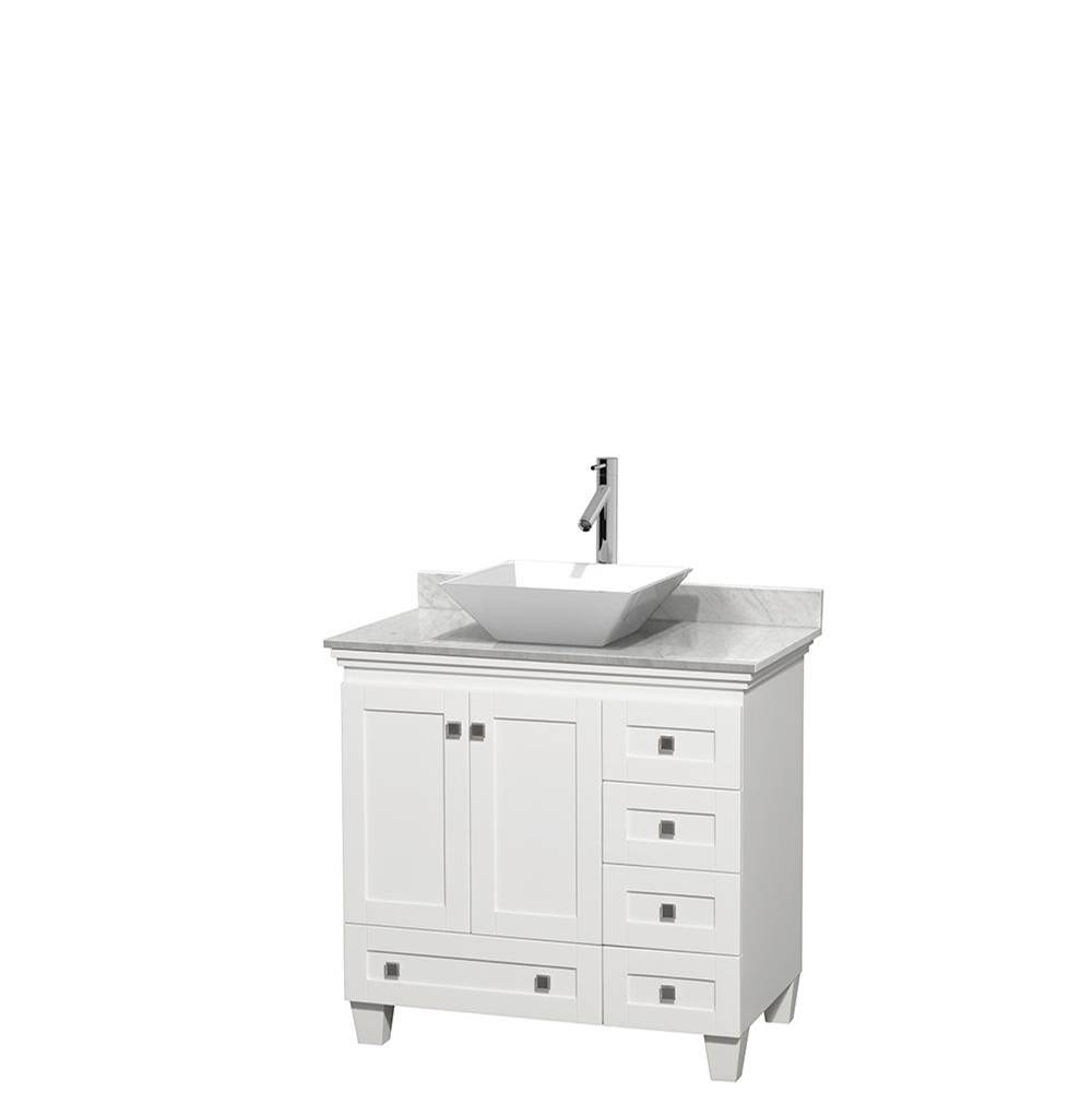 Wyndham Collection Acclaim 36 Inch Single Bathroom Vanity in White, White Carrara Marble Countertop, Pyra White Porcelain Sink, and No Mirror