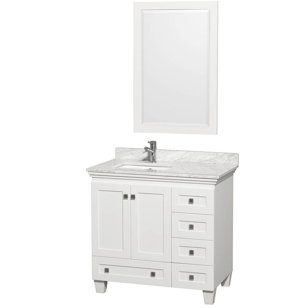 Wyndham Collection Acclaim 36 Inch Single Bathroom Vanity in White, White Carrara Marble Countertop, Undermount Square Sink, and 24 Inch Mirror