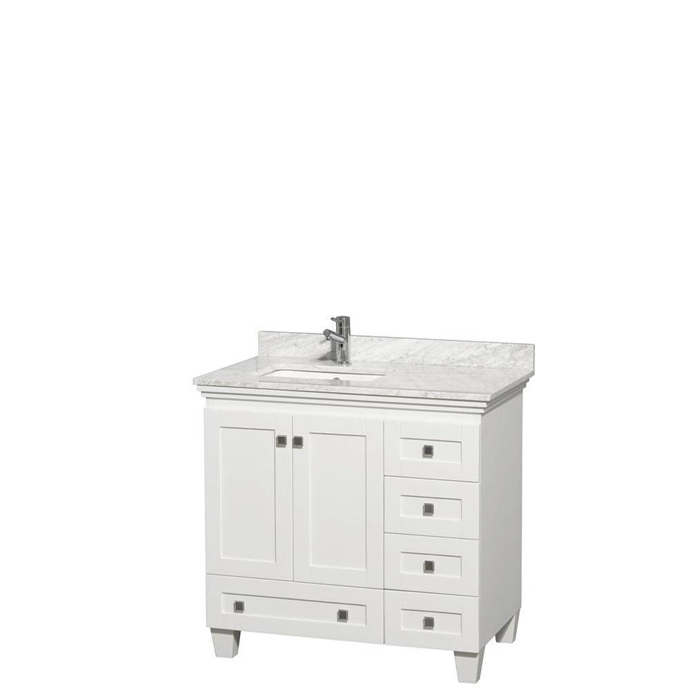 Wyndham Collection Acclaim 36 Inch Single Bathroom Vanity in White, White Carrara Marble Countertop, Undermount Square Sink, and No Mirror