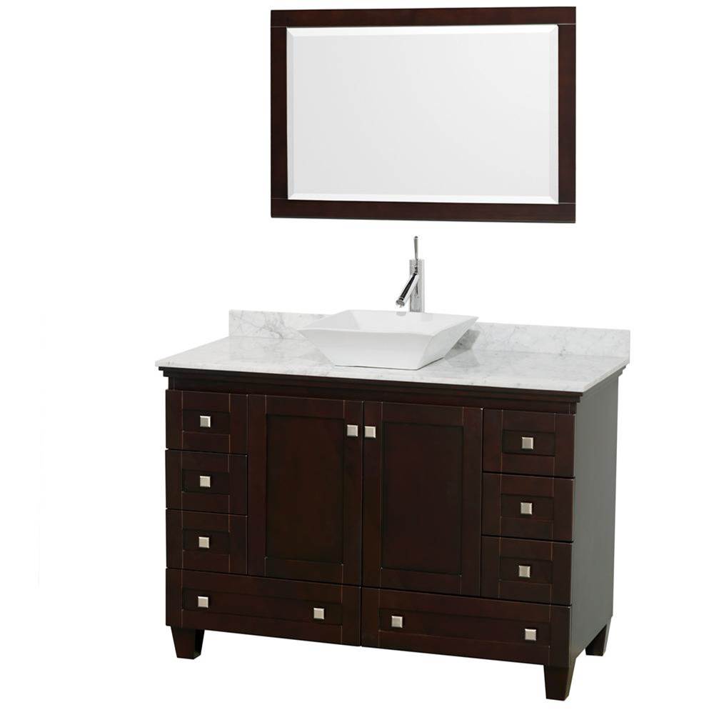Wyndham Collection Acclaim 48 Inch Single Bathroom Vanity in Espresso, White Carrara Marble Countertop, Pyra White Sink, and 24 Inch Mirror