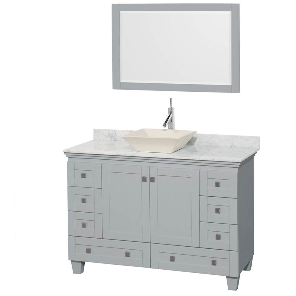 Wyndham Collection Acclaim 48 Inch Single Bathroom Vanity in Oyster Gray, White Carrara Marble Countertop, Pyra Bone Porcelain Sink, and 24 Inch Mirror