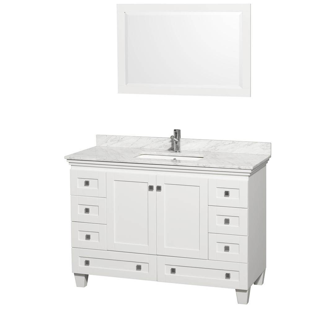 Wyndham Collection Acclaim 48 Inch Single Bathroom Vanity in White, White Carrara Marble Countertop, Undermount Square Sink, and 24 Inch Mirror