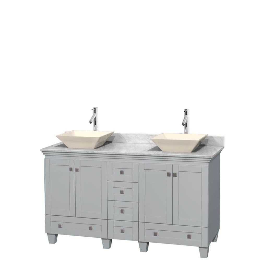 Wyndham Collection Acclaim 60 Inch Double Bathroom Vanity in Oyster Gray, White Carrara Marble Countertop, Pyra Bone Porcelain Sinks, and No Mirrors