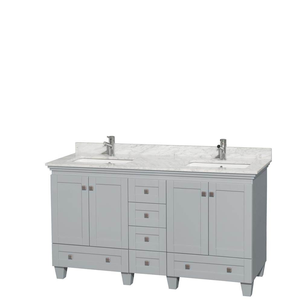 Wyndham Collection Acclaim 60 Inch Double Bathroom Vanity in Oyster Gray, White Carrara Marble Countertop, Undermount Square Sinks, and No Mirrors