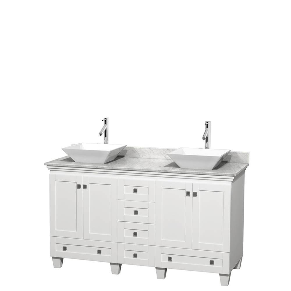 Wyndham Collection Acclaim 60 Inch Double Bathroom Vanity in White, White Carrara Marble Countertop, Pyra White Sinks, and No Mirrors