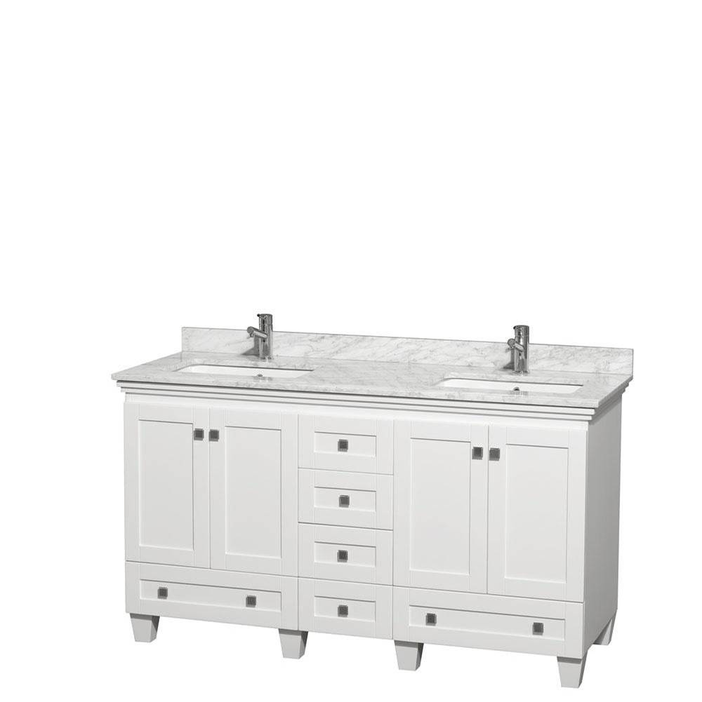 Wyndham Collection Acclaim 60 Inch Double Bathroom Vanity in White, White Carrara Marble Countertop, Undermount Square Sinks, and No Mirrors