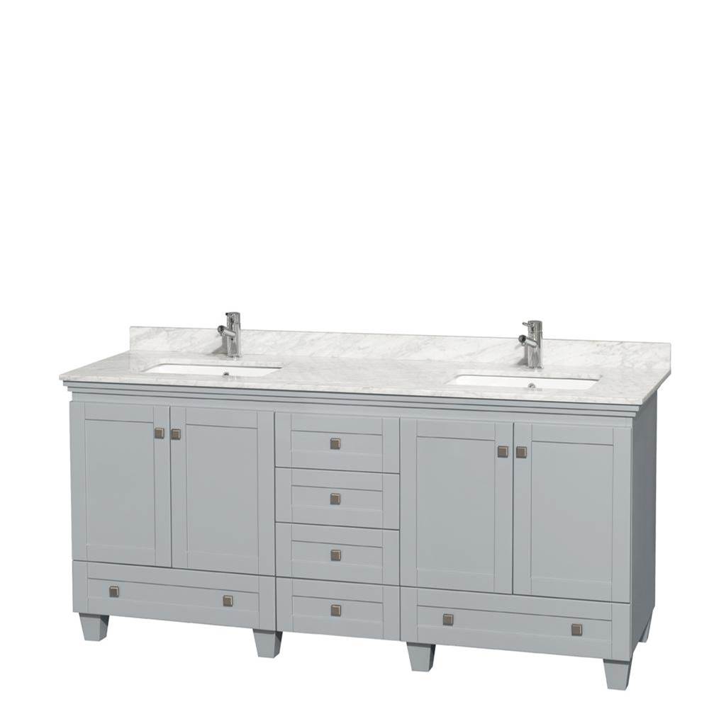 Wyndham Collection Acclaim 72 Inch Double Bathroom Vanity in Oyster Gray, White Carrara Marble Countertop, Undermount Square Sinks, and No Mirrors