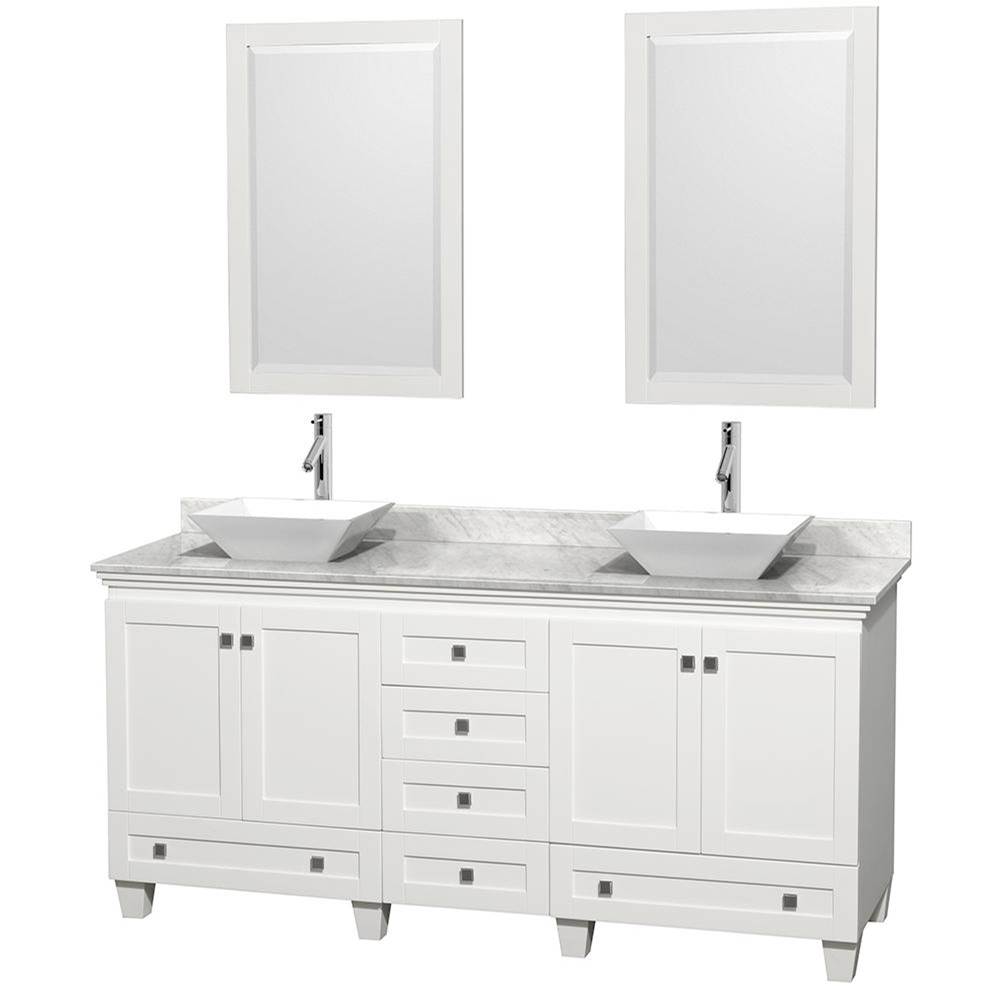 Wyndham Collection Acclaim 72 Inch Double Bathroom Vanity in White, White Carrara Marble Countertop, Pyra White Sinks, and 24 Inch Mirrors