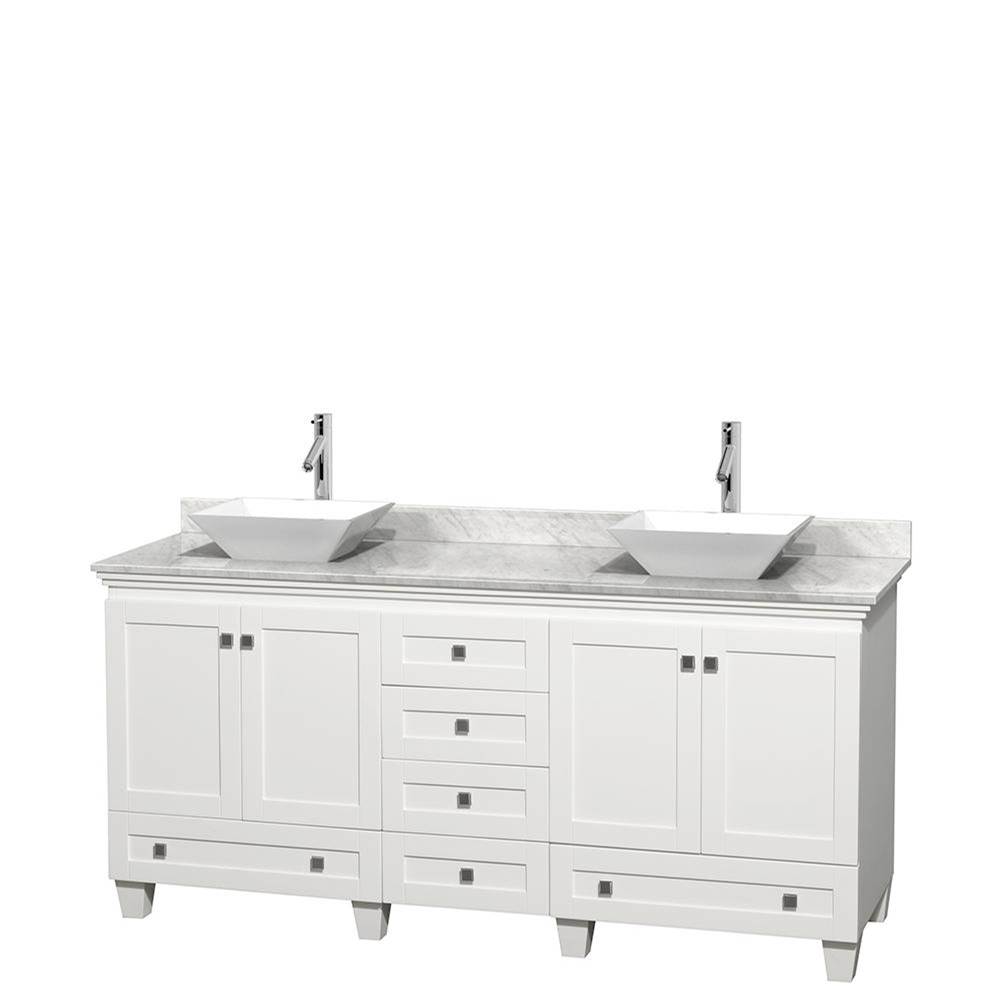 Wyndham Collection Acclaim 72 Inch Double Bathroom Vanity in White, White Carrara Marble Countertop, Pyra White Sinks, and No Mirrors