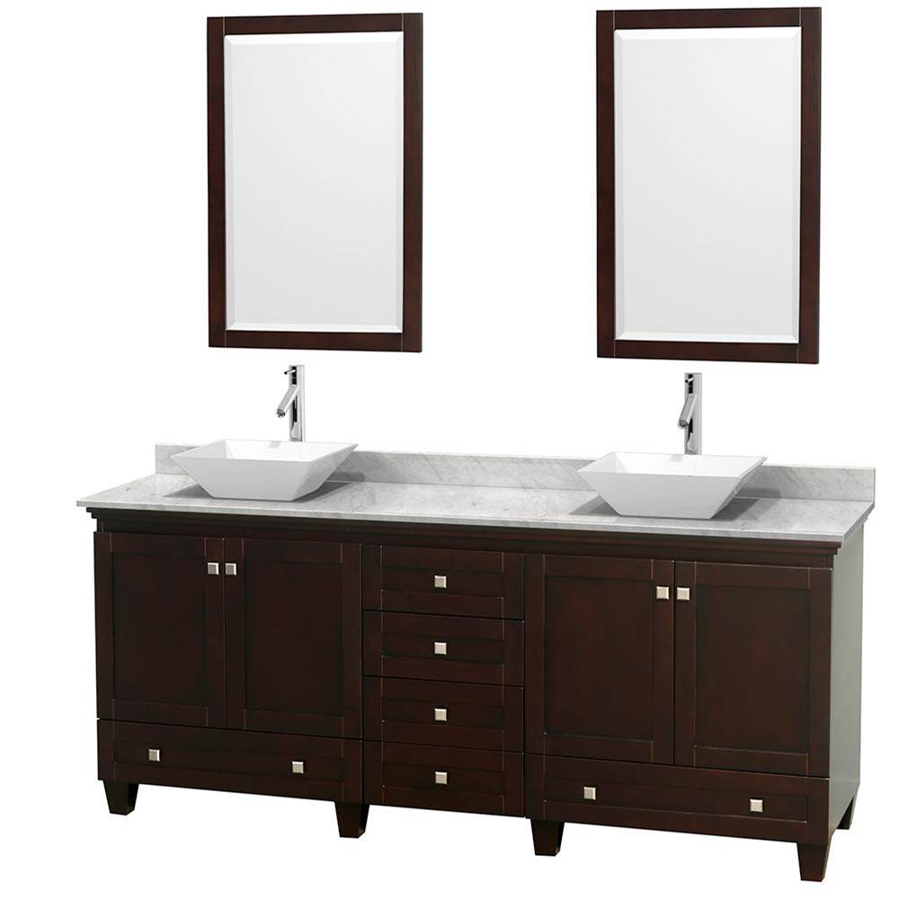 Wyndham Collection Acclaim 80 Inch Double Bathroom Vanity in Espresso, White Carrara Marble Countertop, Pyra White Porcelain Sinks, and 24 Inch Mirrors