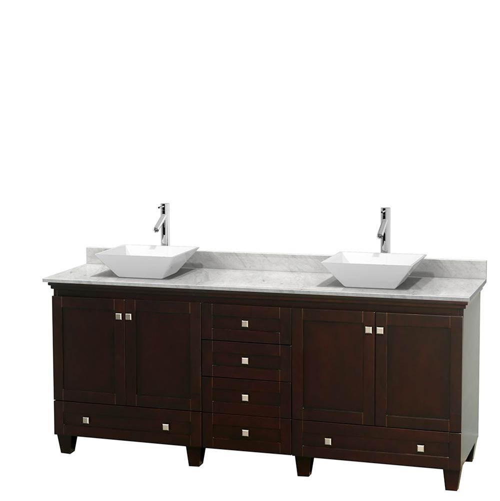 Wyndham Collection Acclaim 80 Inch Double Bathroom Vanity in Espresso, White Carrara Marble Countertop, Pyra White Porcelain Sinks, and No Mirrors