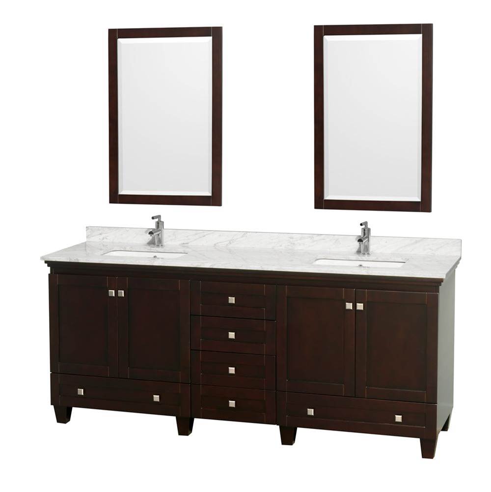 Wyndham Collection Acclaim 80 Inch Double Bathroom Vanity in Espresso, White Carrara Marble Countertop, Undermount Square Sinks, and 24 Inch Mirrors