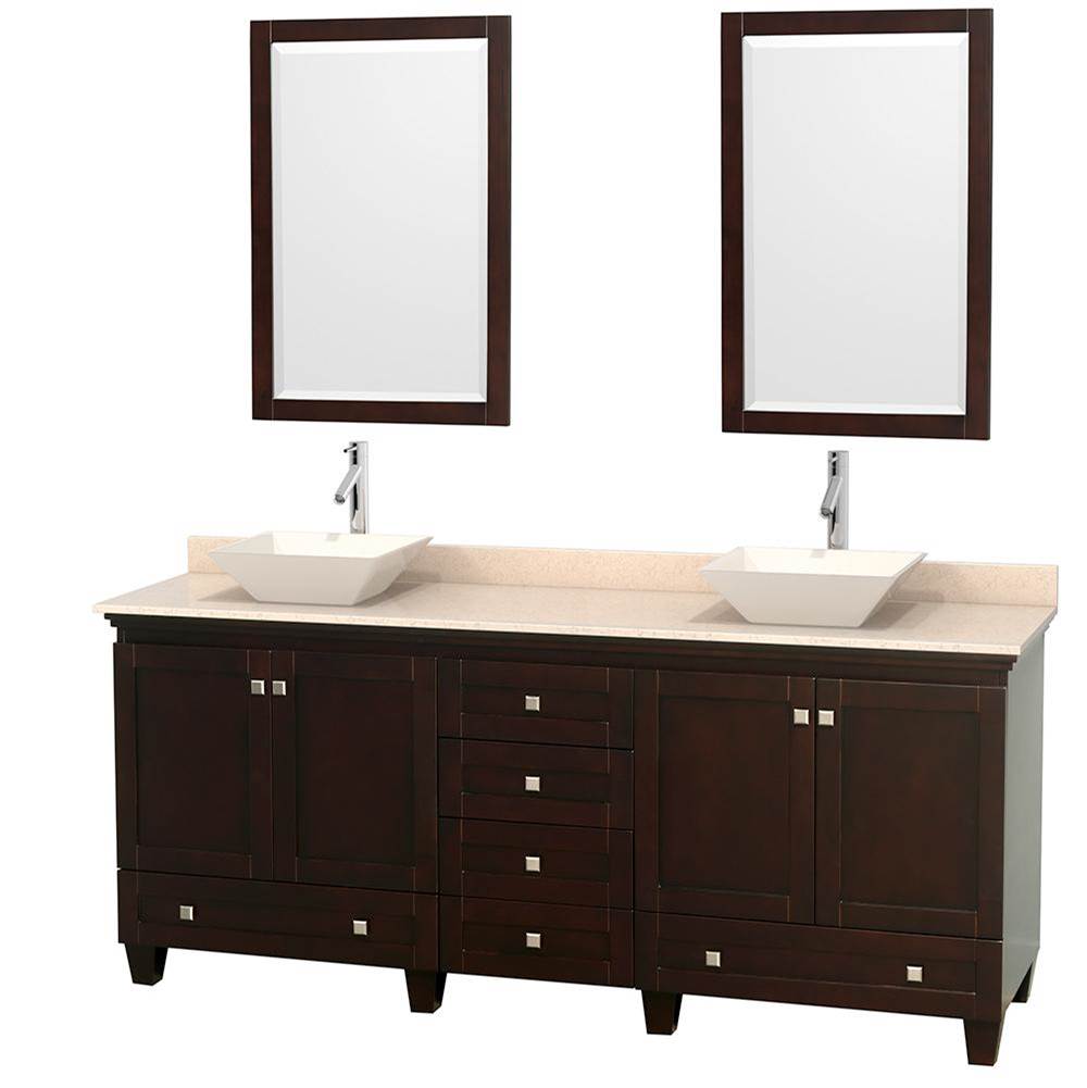 Wyndham Collection Acclaim 80 Inch Double Bathroom Vanity in Espresso, Ivory Marble Countertop, Pyra Bone Porcelain Sinks, and 24 Inch Mirrors