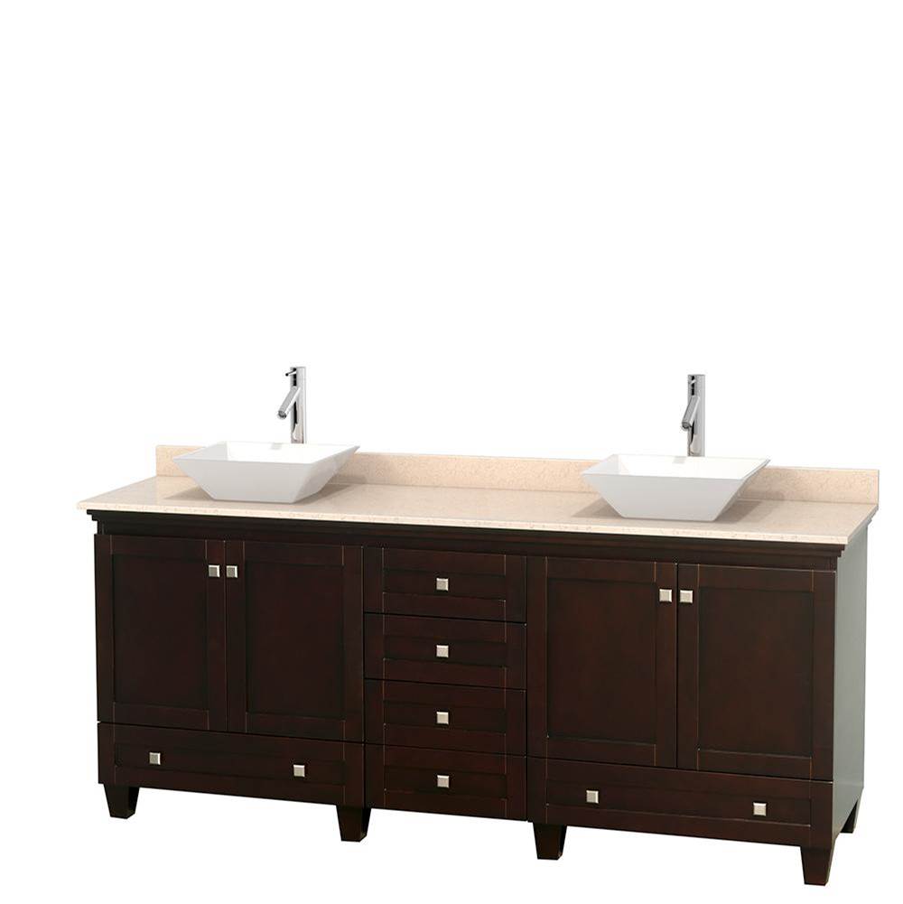 Wyndham Collection Acclaim 80 Inch Double Bathroom Vanity in Espresso, Ivory Marble Countertop, Pyra White Porcelain Sinks, and No Mirrors