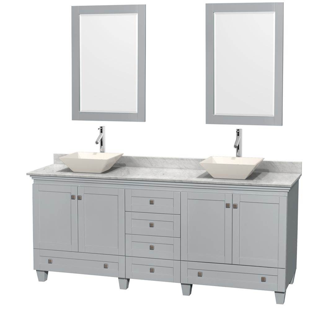 Wyndham Collection Acclaim 80 Inch Double Bathroom Vanity in Oyster Gray, White Carrara Marble Countertop, Pyra Bone Porcelain Sinks, and 24 Inch Mirrors
