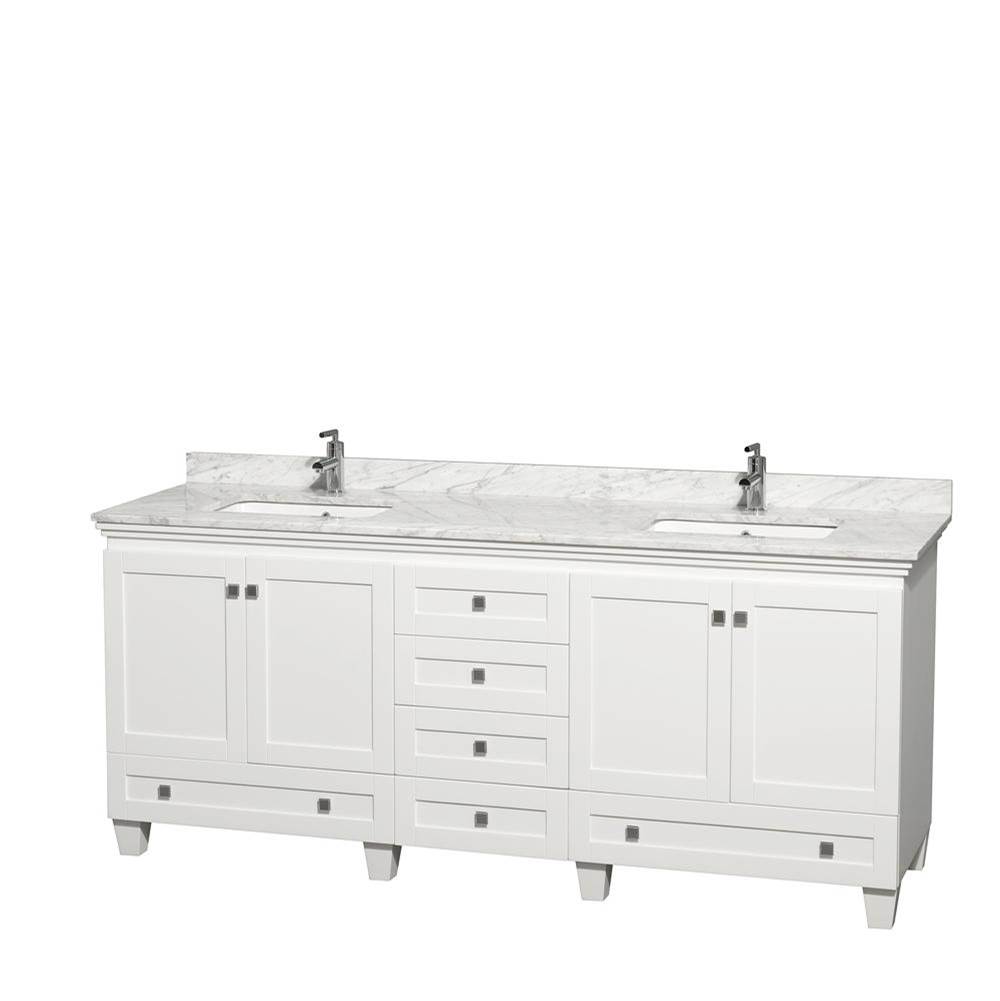 Wyndham Collection Acclaim 80 Inch Double Bathroom Vanity in White, White Carrara Marble Countertop, Undermount Square Sinks, and No Mirrors