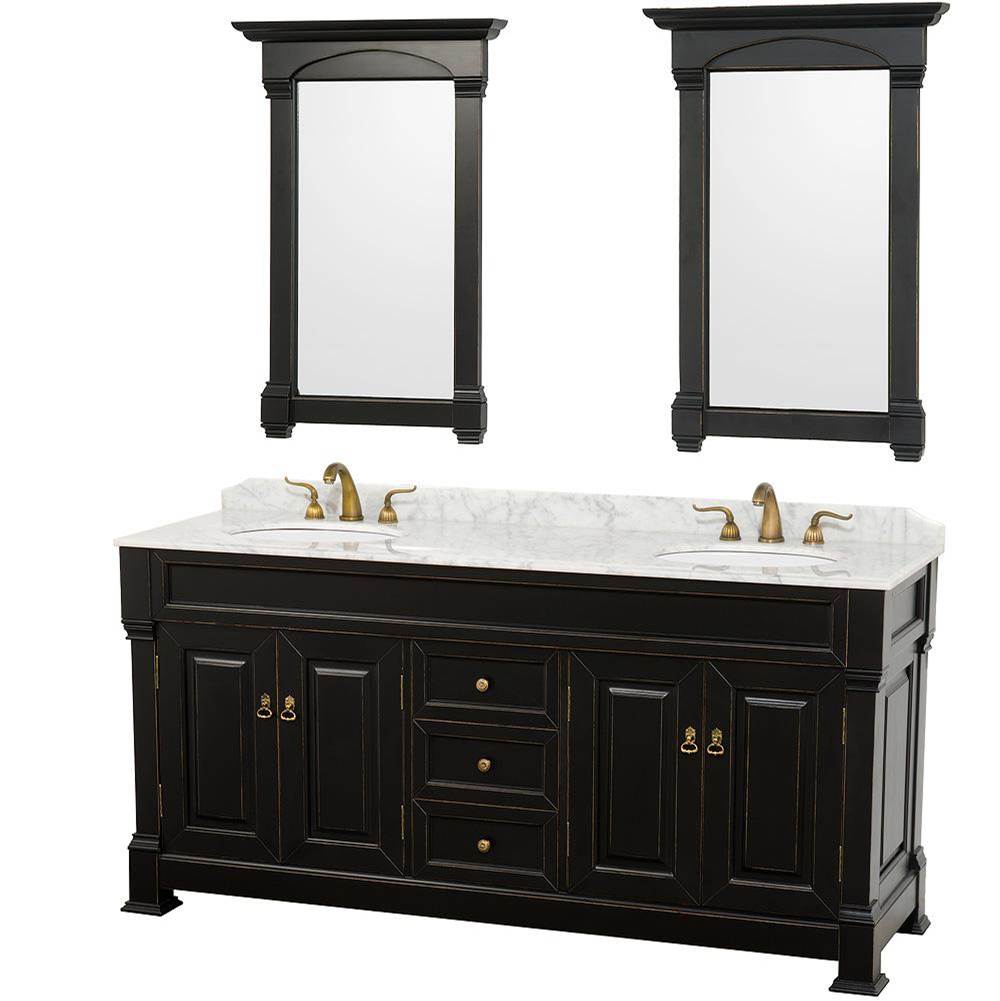 Wyndham Collection Andover 72 Inch Double Bathroom Vanity in Black, White Carrara Marble Countertop, Undermount Oval Sinks, and 28 Inch Mirrors