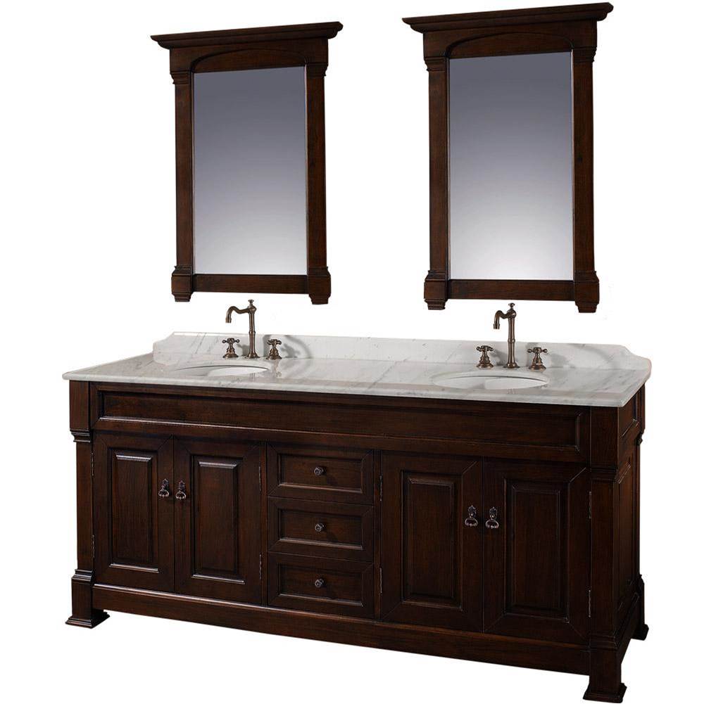 Wyndham Collection Andover 72 Inch Double Bathroom Vanity in Dark Cherry, White Carrara Marble Countertop, Undermount Oval Sinks, and 28 Inch Mirrors