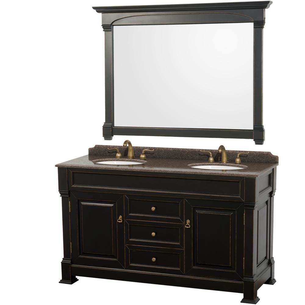 Wyndham Collection Andover 60 Inch Double Bathroom Vanity in Black, Imperial Brown Granite Countertop, Undermount Oval Sinks, and 56 Inch Mirror