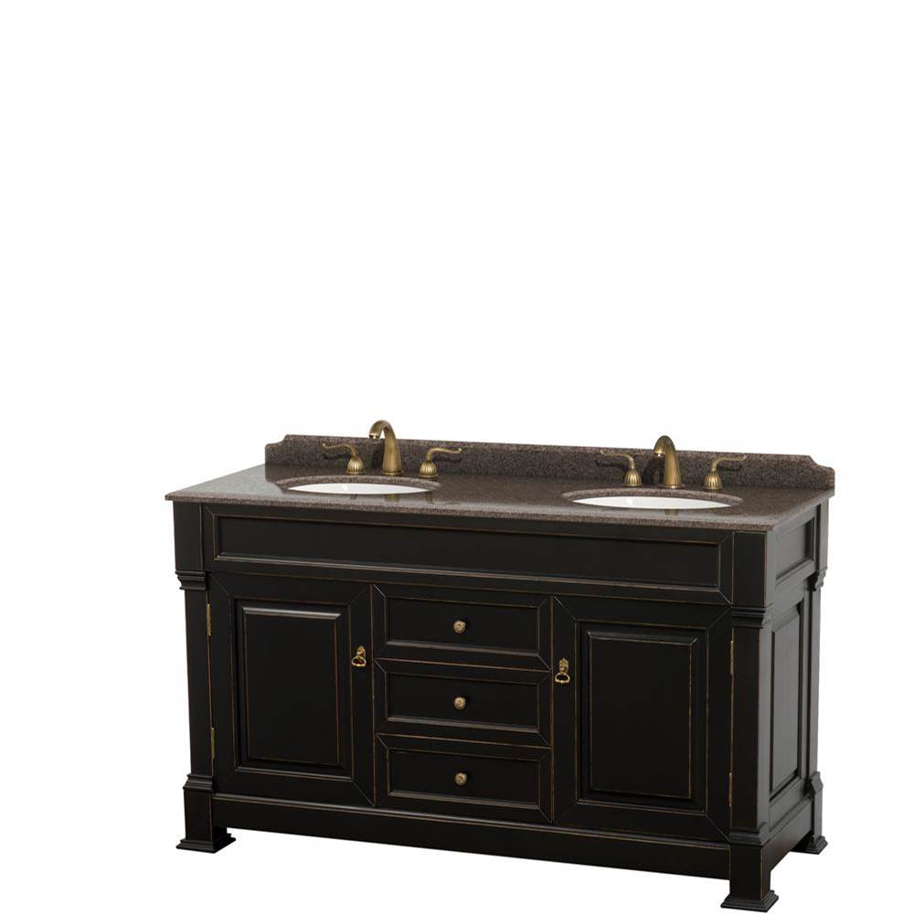 Wyndham Collection Andover 60 Inch Double Bathroom Vanity in Black, Imperial Brown Granite Countertop, Undermount Oval Sinks, and No Mirror