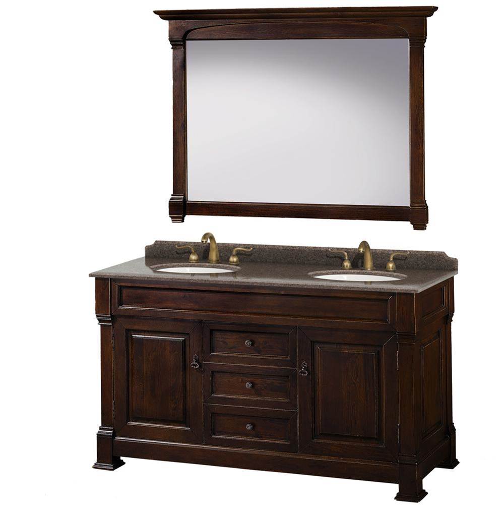 Wyndham Collection Andover 60 Inch Double Bathroom Vanity in Dark Cherry, Imperial Brown Granite Countertop, Undermount Oval Sinks, and 56 Inch Mirror