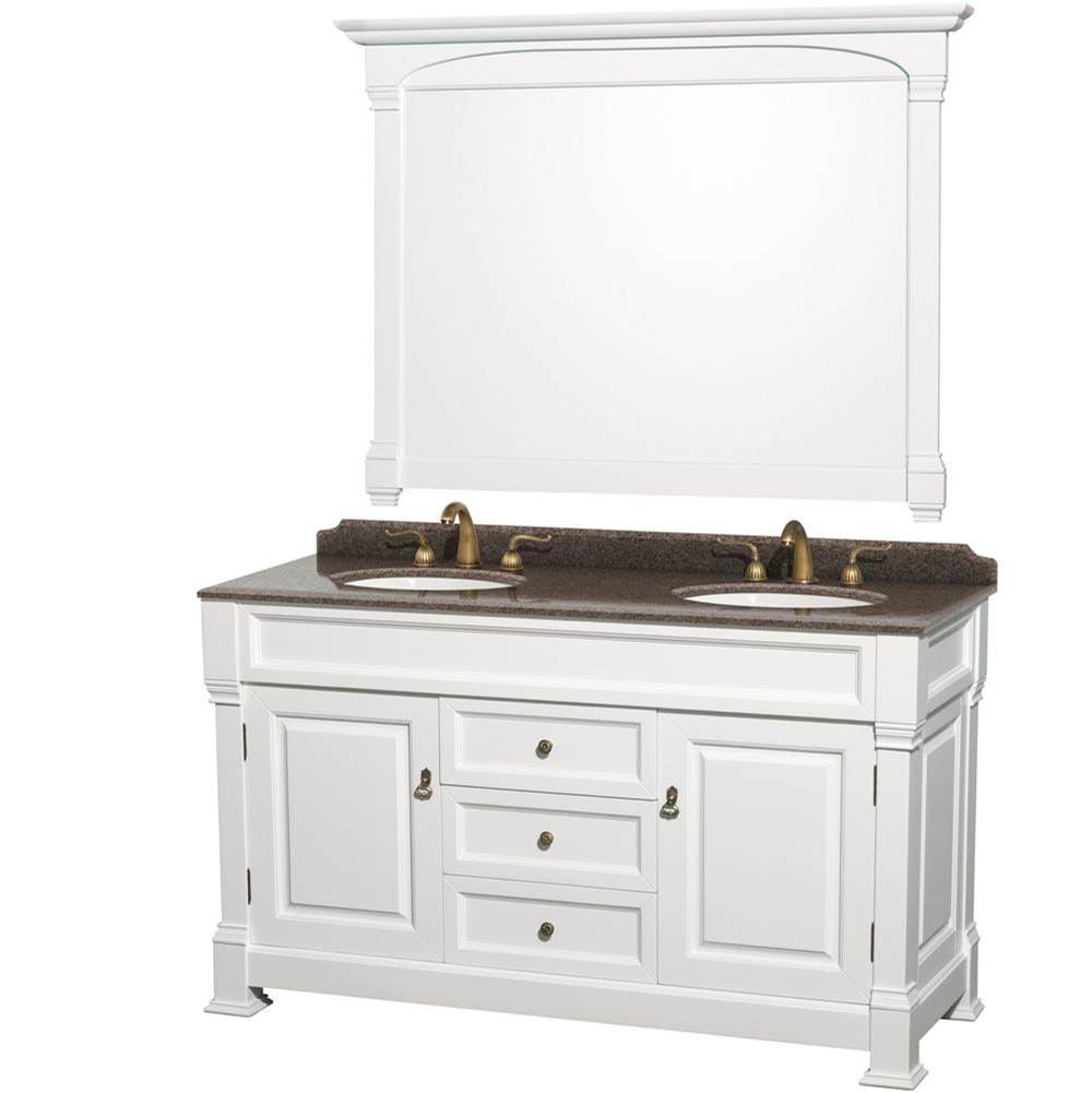 Wyndham Collection Andover 60 Inch Double Bathroom Vanity in White, Imperial Brown Granite Countertop, Undermount Oval Sinks, and 56 Inch Mirror