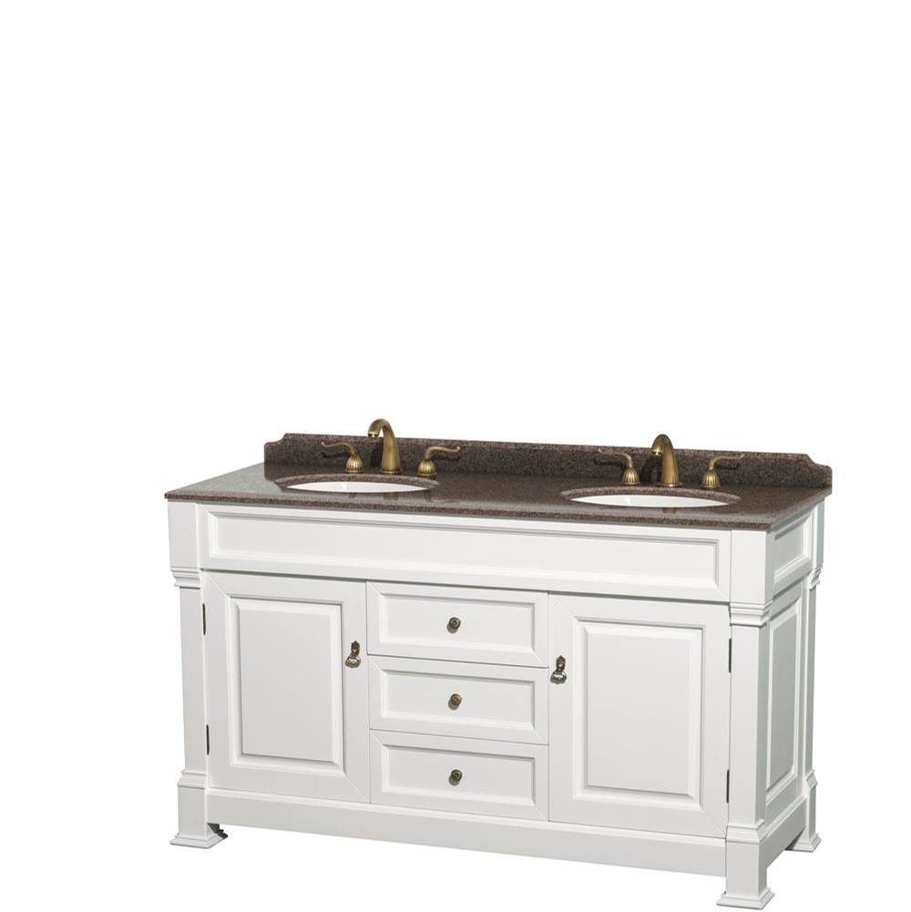 Wyndham Collection Andover 60 Inch Double Bathroom Vanity in White, Imperial Brown Granite Countertop, Undermount Oval Sinks, and No Mirror