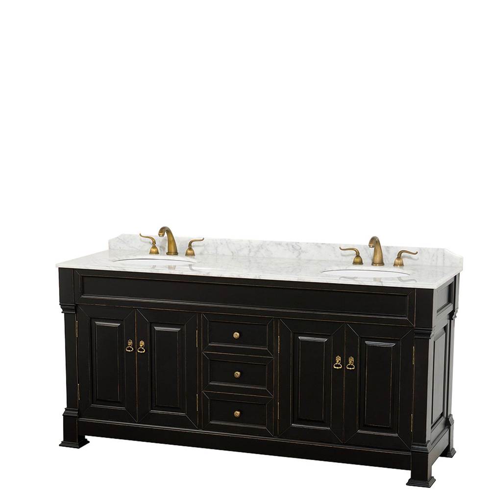 Wyndham Collection Andover 72 Inch Double Bathroom Vanity in Black, White Carrara Marble Countertop, Undermount Oval Sinks, and No Mirror