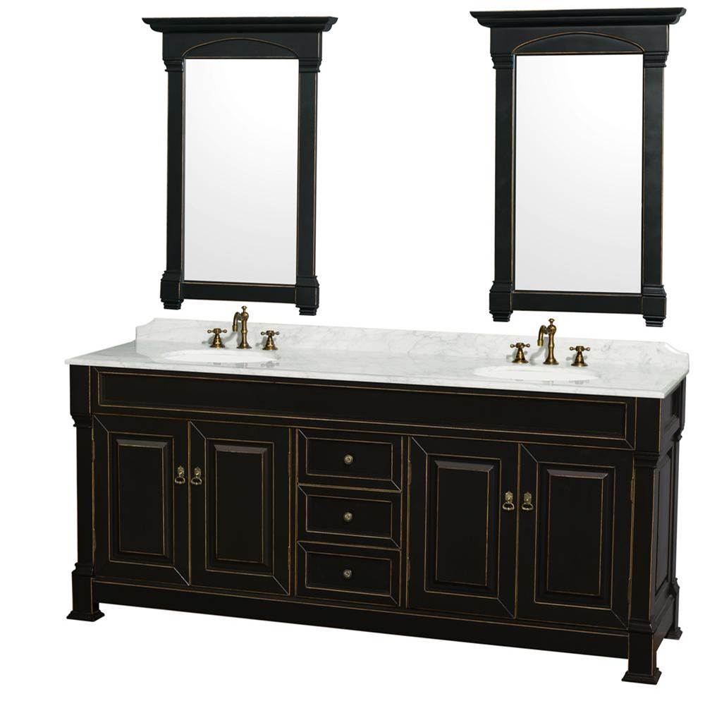 Wyndham Collection Andover 80 Inch Double Bathroom Vanity in Black with White Carrara Marble Countertop, Undermount Oval Sinks, and 28 Inch Mirrors