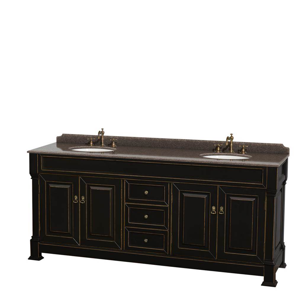 Wyndham Collection Andover 80 Inch Double Bathroom Vanity in Black, Imperial Brown Granite Countertop, Undermount Oval Sinks, and No Mirror