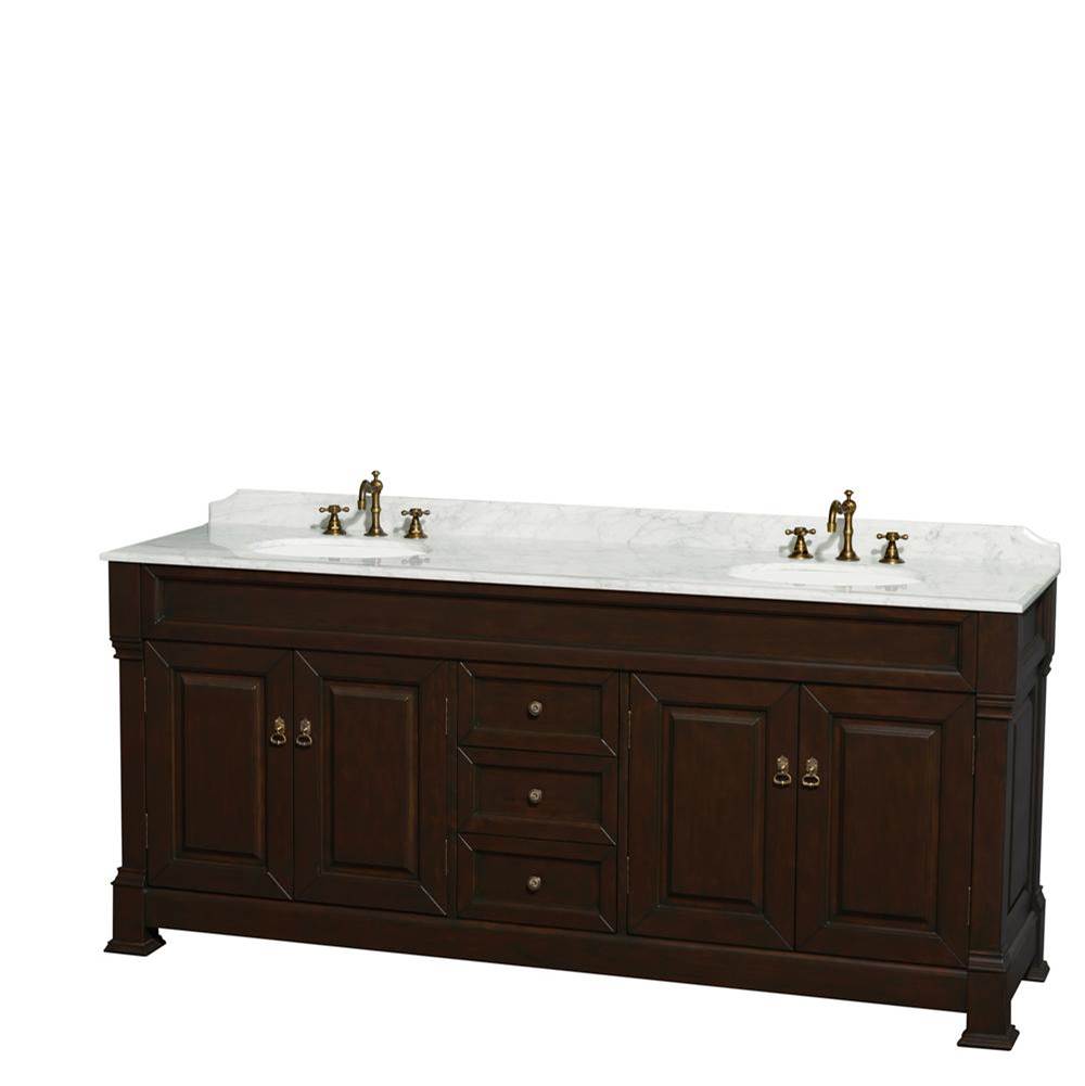 Wyndham Collection Andover 80 Inch Double Bathroom Vanity in Dark Cherry, White Carrara Marble Countertop, Undermount Oval Sinks, and No Mirror