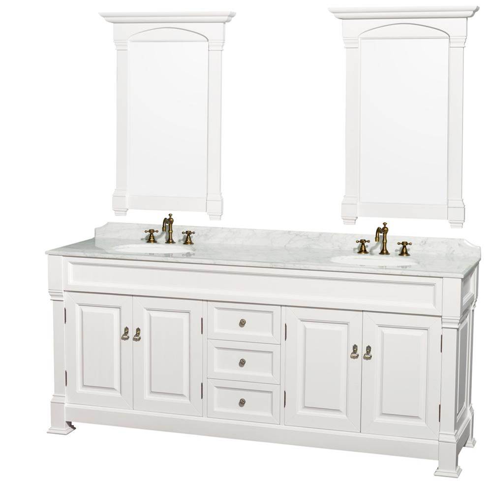 Wyndham Collection Andover 80 Inch Double Bathroom Vanity in White with White Carrara Marble Countertop, Undermount Oval Sinks, and 28 Inch Mirrors