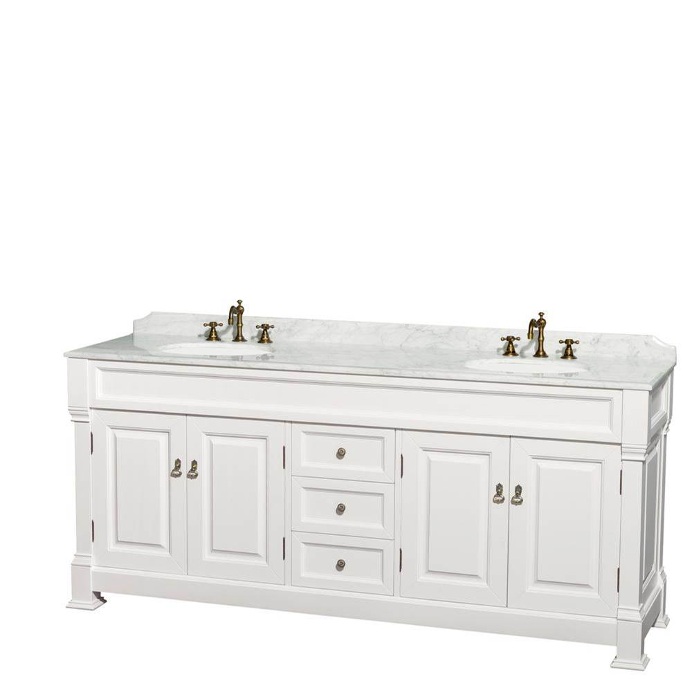 Wyndham Collection Andover 80 Inch Double Bathroom Vanity in White, White Carrara Marble Countertop, Undermount Oval Sinks, and No Mirror
