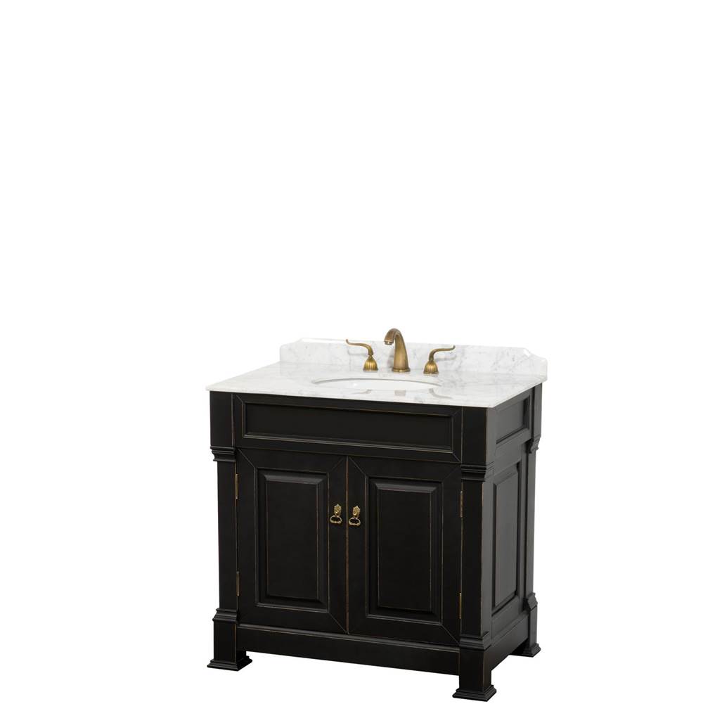 Wyndham Collection Andover 36 Inch Single Bathroom Vanity in Black, White Carrara Marble Countertop, Undermount Oval Sink, and No Mirror