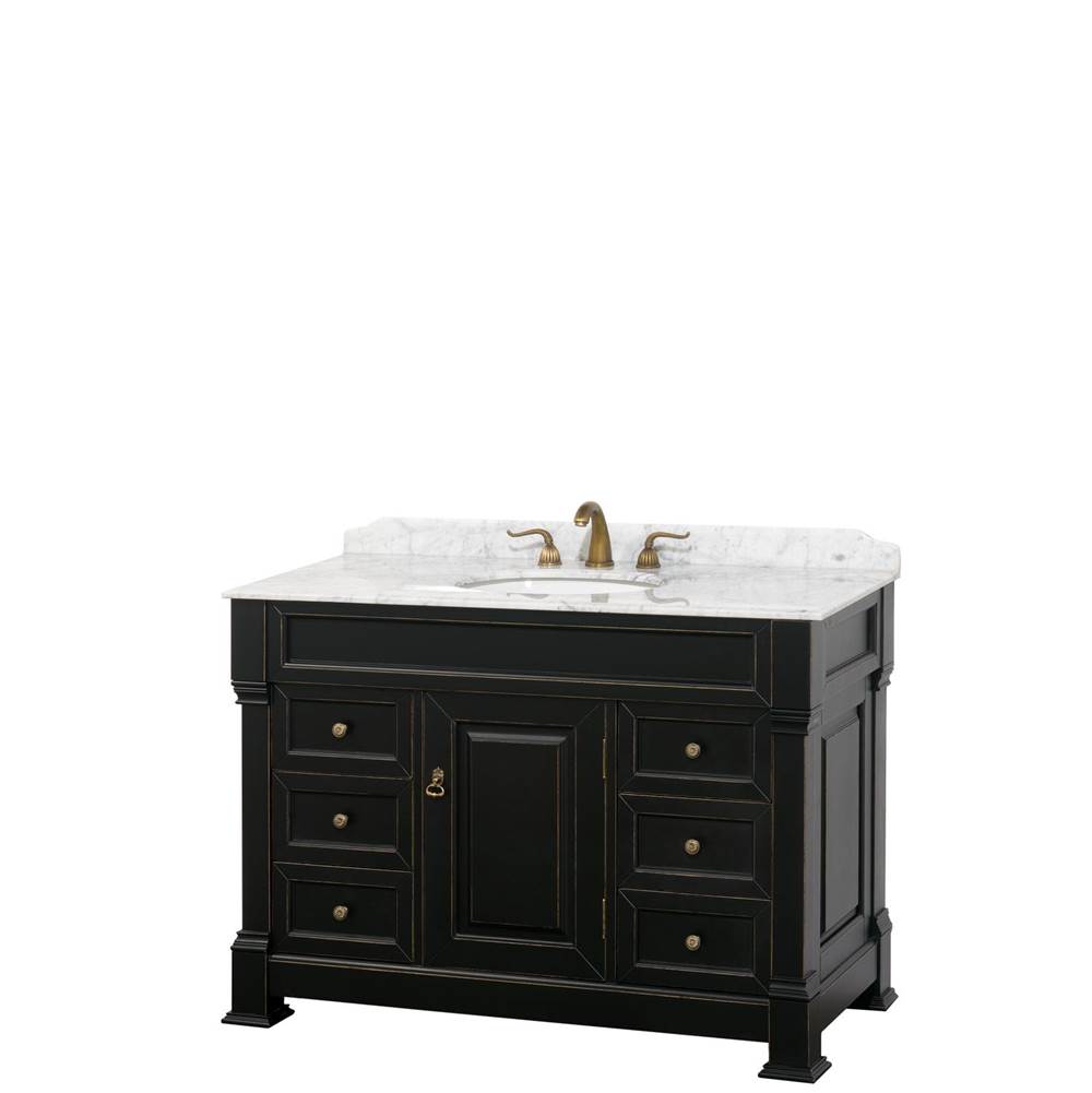 Wyndham Collection Andover 48 Inch Single Bathroom Vanity in Black, White Carrara Marble Countertop, Undermount Oval Sink, and No Mirror