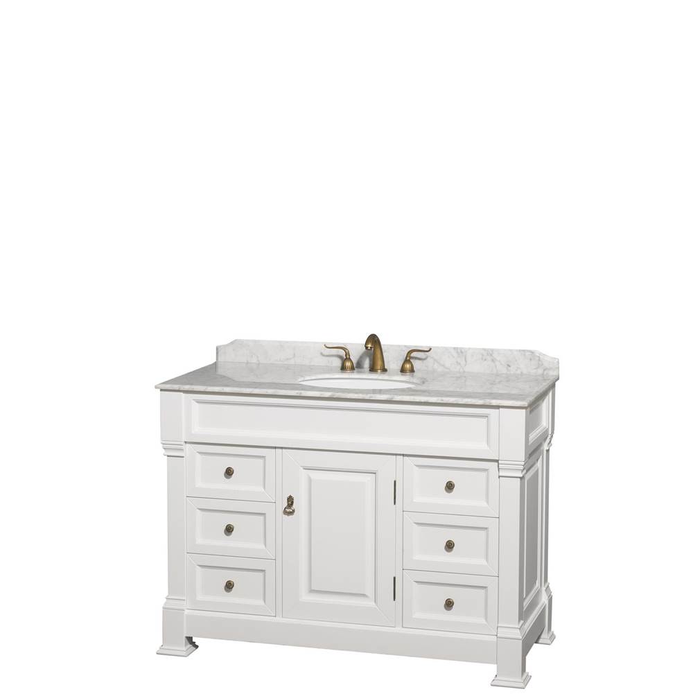 Wyndham Collection Andover 48 Inch Single Bathroom Vanity in White, White Carrara Marble Countertop, Undermount Oval Sink, and No Mirror