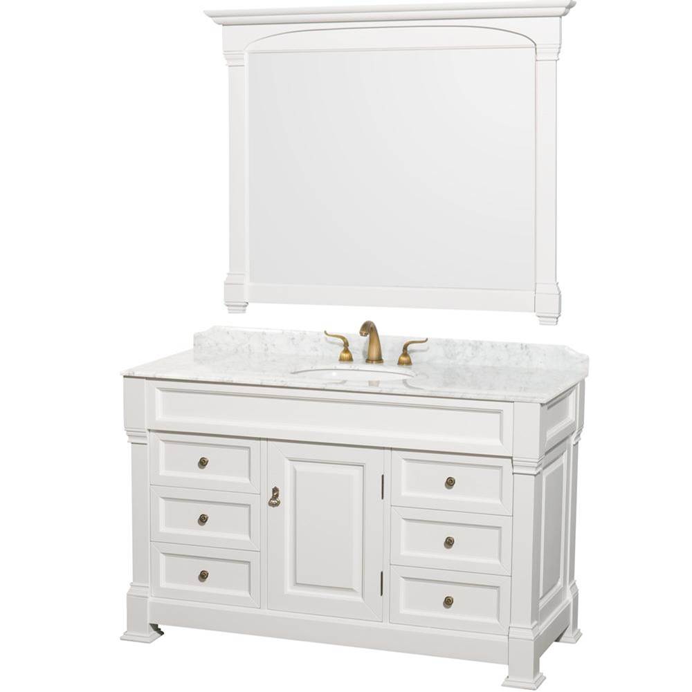 Wyndham Collection Andover 55 Inch Single Bathroom Vanity in White, White Carrara Marble Countertop, Undermount Oval Sink, and 50 Inch Mirror