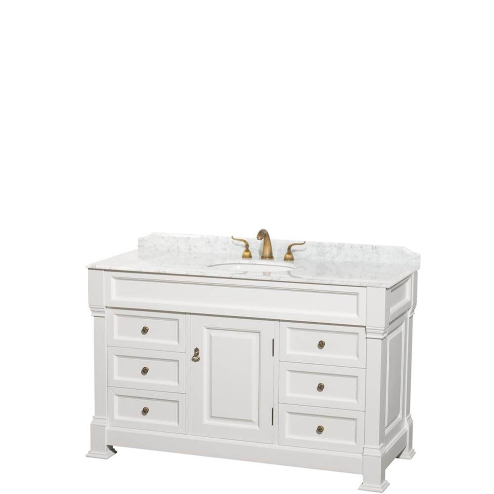 Wyndham Collection Andover 55 Inch Single Bathroom Vanity in White, White Carrara Marble Countertop, Undermount Oval Sink, and No Mirror