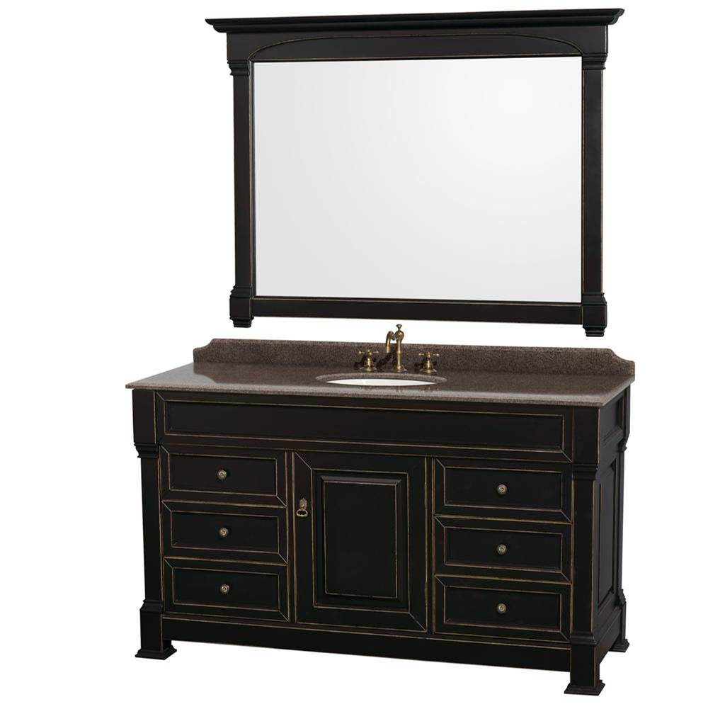 Wyndham Collection Andover 60 Inch Single Bathroom Vanity in Black, Imperial Brown Granite Countertop, Undermount Oval Sink, and 56 Inch Mirror