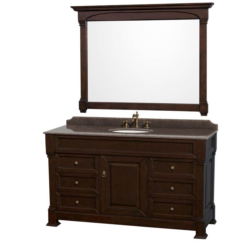Wyndham Collection Andover 60 Inch Single Bathroom Vanity in Dark Cherry, Imperial Brown Granite Countertop, Undermount Oval Sink, and 56 Inch Mirror