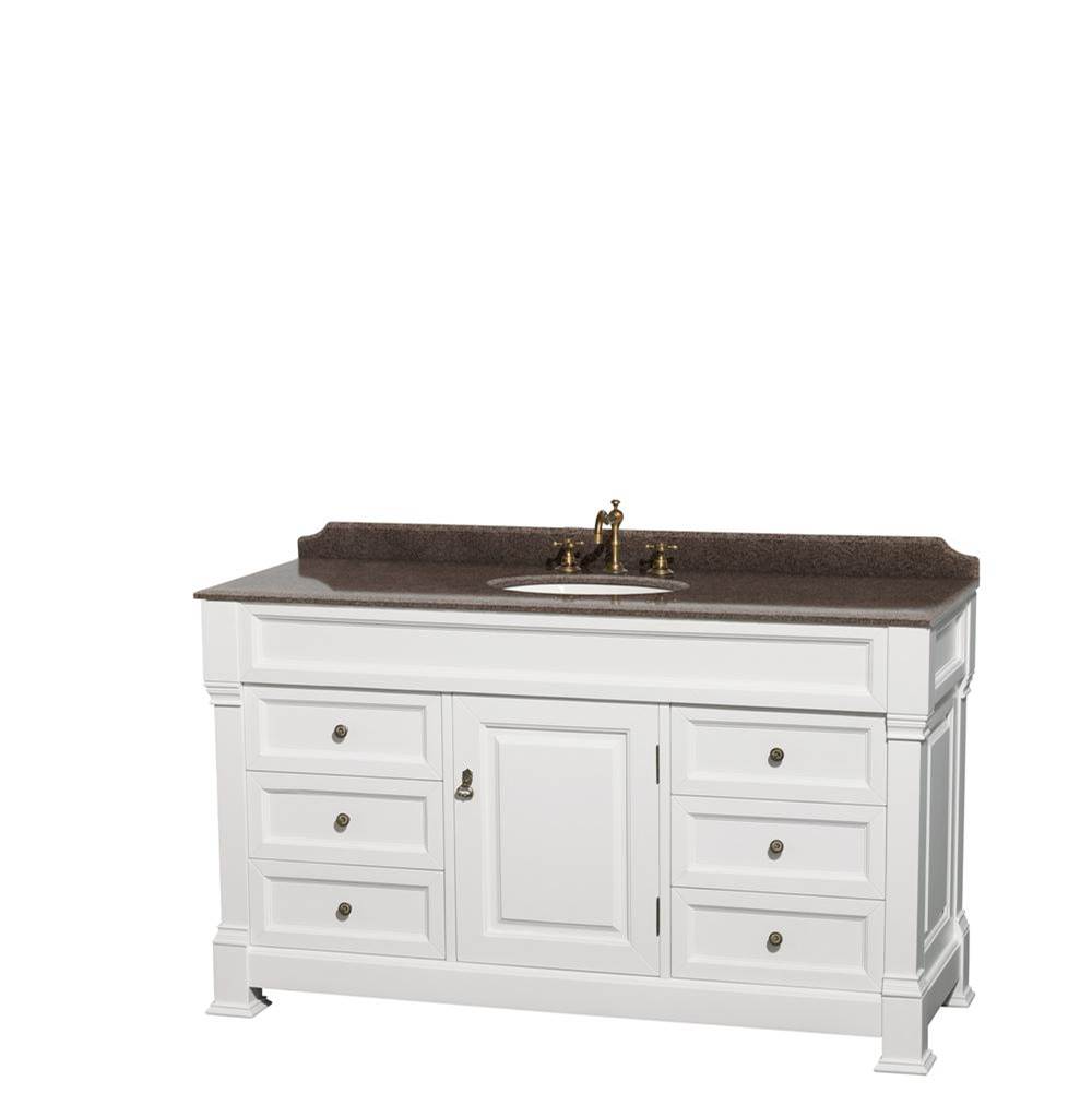 Wyndham Collection Andover 60 Inch Single Bathroom Vanity in White, Imperial Brown Granite Countertop, Undermount Oval Sink, and No Mirror