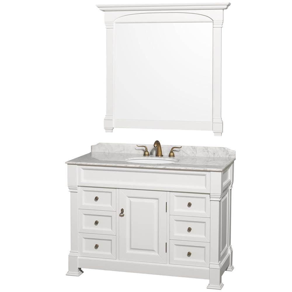 Wyndham Collection Andover 48 Inch Single Bathroom Vanity in White, White Carrara Marble Countertop, Undermount Oval Sink, and 44 Inch Mirror
