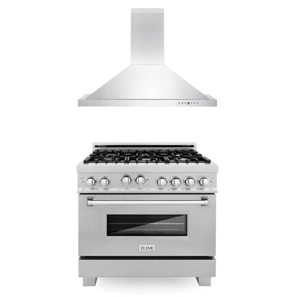 Z-Line 36'' Kitchen Package with DuraSnow Stainless Steel Gas Range with DuraSnow Door and Convertible Vent Range Hood