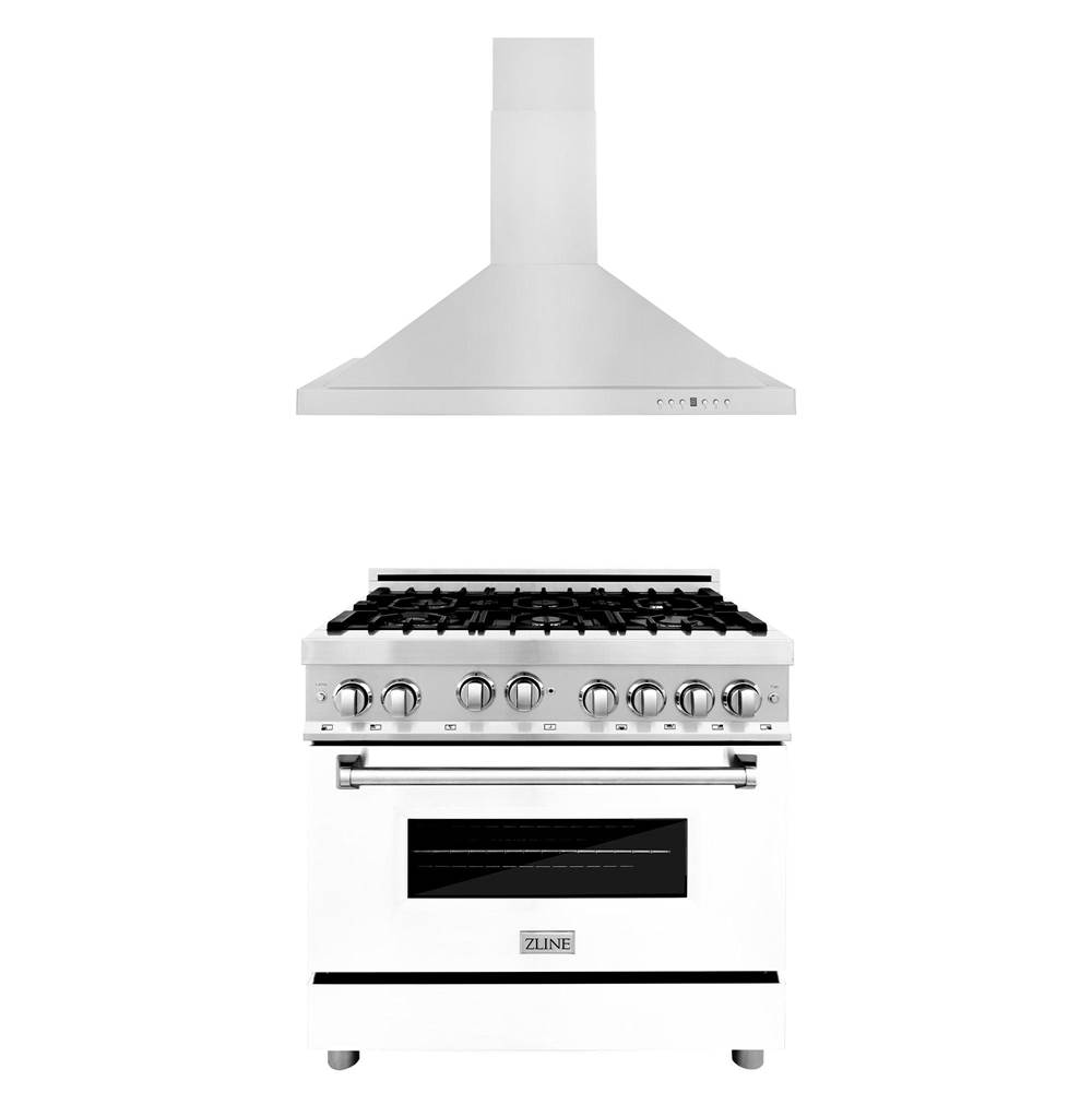 Z-Line 36'' Kitchen Package with Stainless Steel Gas Range with White Matte Door and Convertible Vent Range Hood