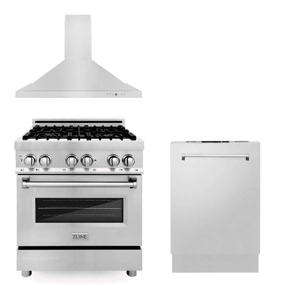 Z-Line 30'' Kitchen Package with Stainless Steel Dual Fuel Range, Convertible Vent Range Hood and Dishwasher