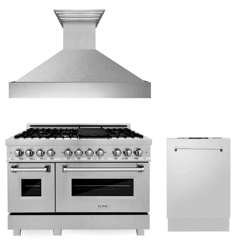 Z-Line 48'' Kitchen Package with DuraSnow Stainless Dual Fuel Range, Ducted Vent Range Hood and Dishwasher
