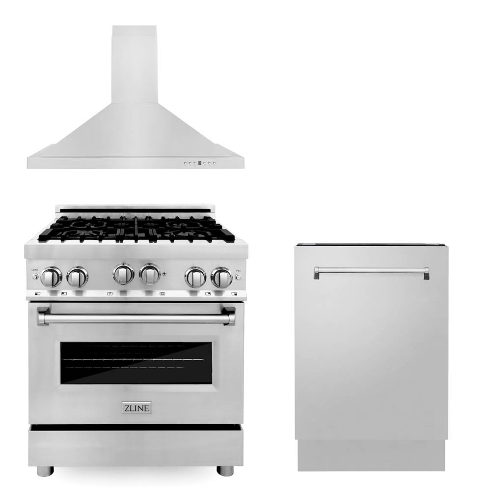Z-Line 30'' Kitchen Package with Stainless Steel Gas Range, Convertible Vent Range Hood and Tall Tub Dishwasher
