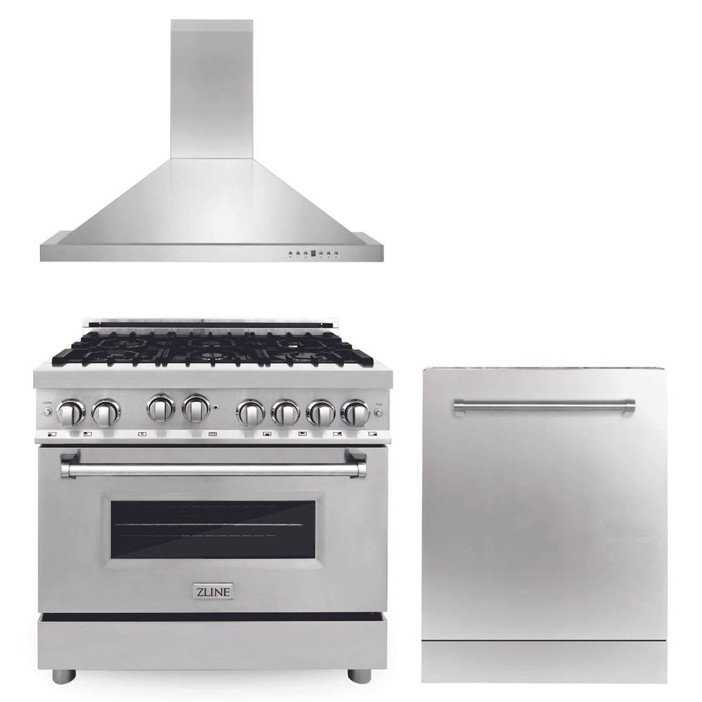 Z-Line 36'' Kitchen Package with Stainless Steel Gas Range, Convertible Vent Range Hood and Dishwasher