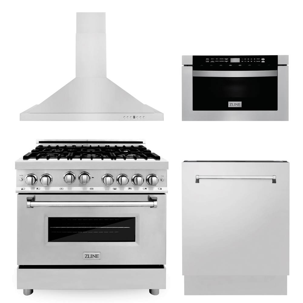 Z-Line 30'' Kitchen Package with Stainless Steel Gas Range, Range Hood, Microwave Drawer and Tall Tub Dishwasher