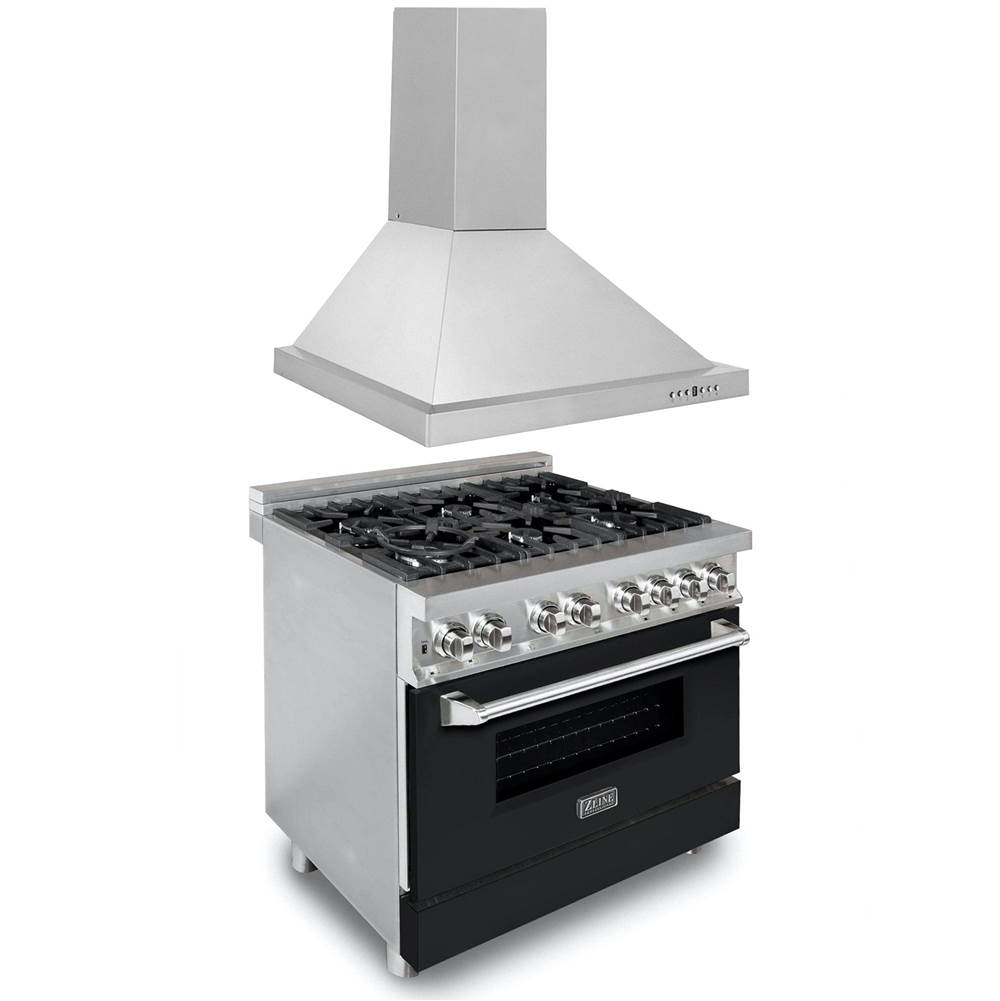 Z-Line 36'' Kitchen Package with Stainless Steel Dual Fuel Range with Black Matte Door and Convertible Vent Range Hood